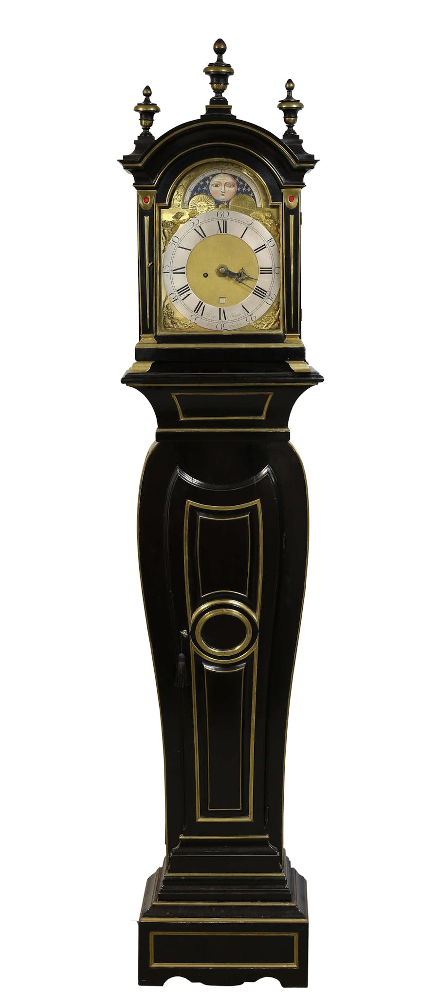 18th-century Ebonised and brass inlaid 8-day longcase clock by George Blagden. Photo: Ewbank’s 