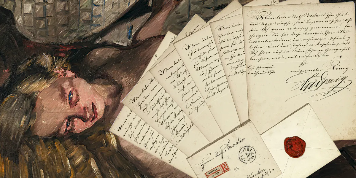Hinten: Lovis Corinth (1858 Tapiau - 1925 Zandvoort), Liegender weiblicher Akt, 1915, signiert, Öl/Holz, 58 x 113 cm. Foto © Neumeister. Vorne: Sechs Dankschreiben König Ludwigs II. von Bayeern an den Königlichen Rat Eugen Brochier. Foto © Neumeister (Collage)