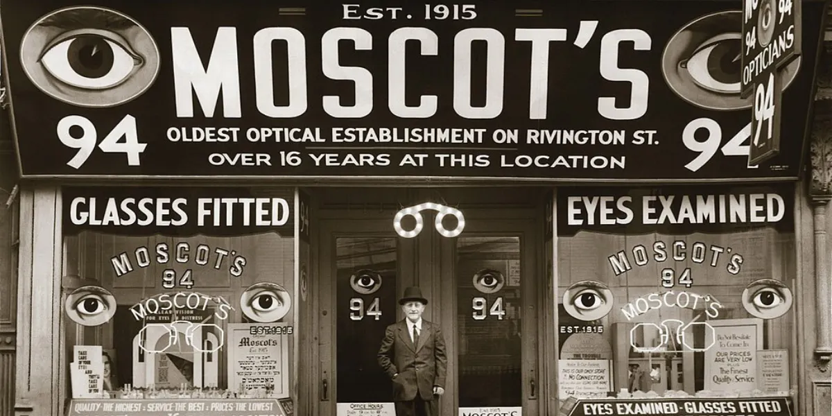 Moscots första butik på Orchard St, New York. Foto public domain (detalj)
