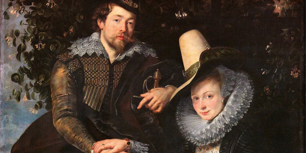 Peter Paul Rubens, ‘Rubens and Isabella Brant in the Honeysuckle Bower’, c. 1609, Alte Pinakothek, Munich [detail]. Photo via Wikipedia