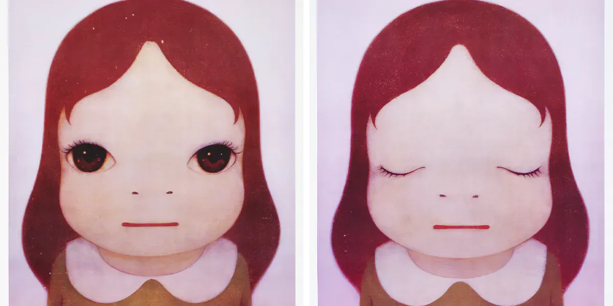 Yoshitomo Nara, Cosmic Girls : Eyes Opened / Eyes Closed, 2008, série de deux lithographies offset, chacune 72 x 51,9 cm. Photo © Christie's