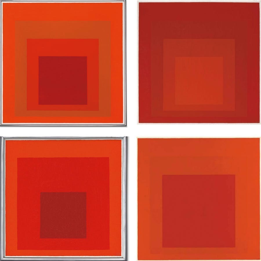 4 x "Study for Homage to the Square" in red. Executed between 1962 and 1969. Sold at Christie's and Sotheby's between 2012 and 2019. Photos © Christie's and © Sotheby's (collage)