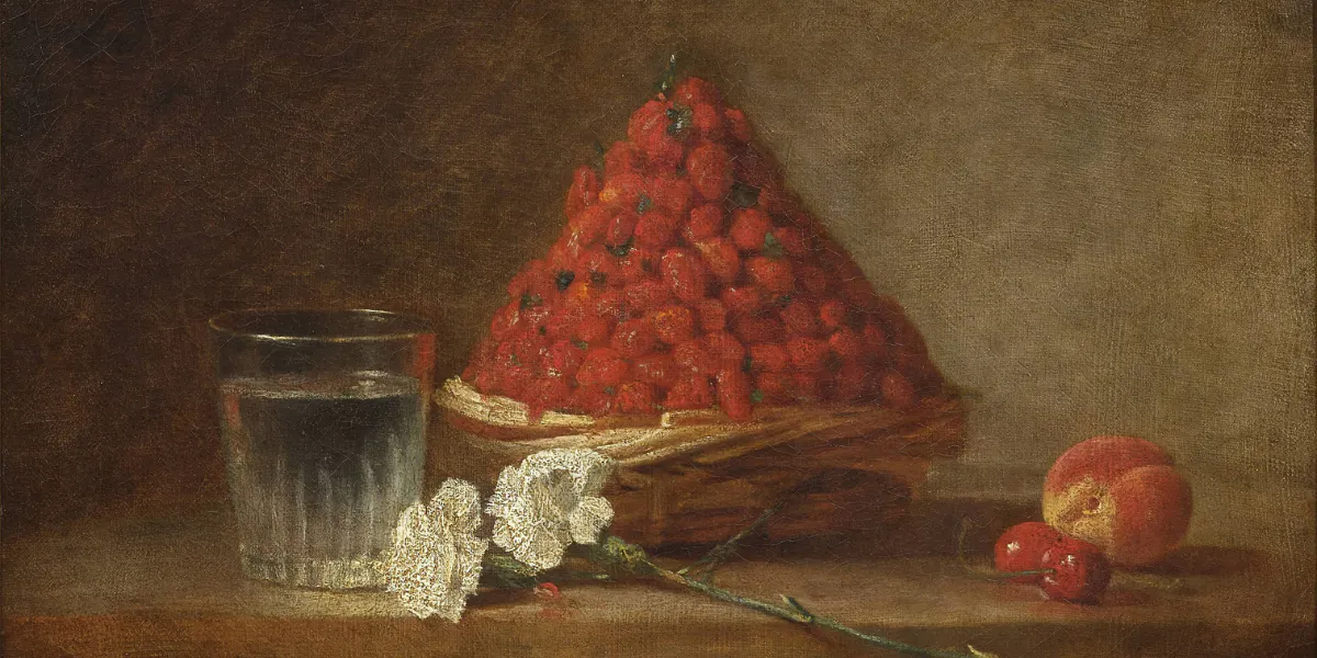 Jean Siméon Chardin, Cestino di fragole selvatiche, 1761. Immagine di pubblico dominio. (dettagli)