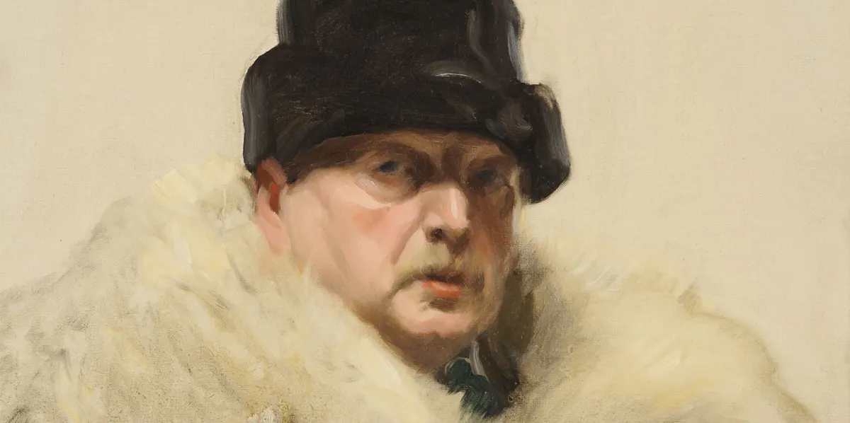 Anders Zorn, ‘Självporträtt i vargskinnspäls’, 1915, olja på duk, 90 x 58,5 cm. Foto Public Domain (detalj)