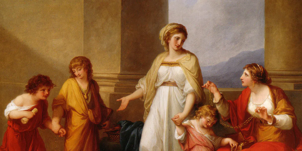 Angelica Kauffmann (1741-1807), Cornelia, Mutter der Gracche, 1785, oil on canvas, 101 x 127 cm. Photo via Wikipedia.