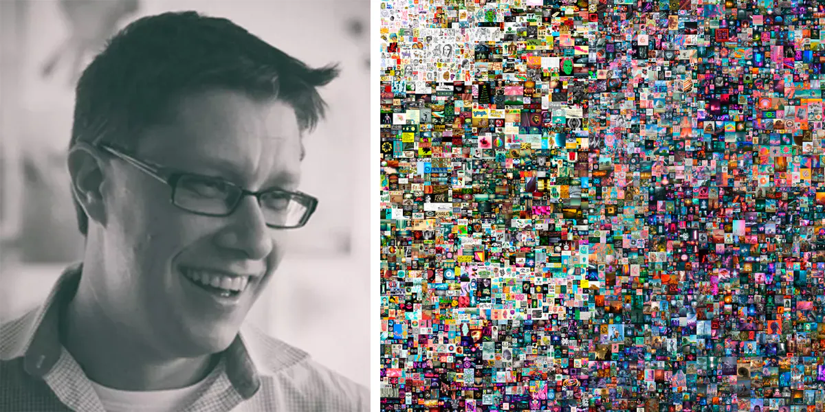 Gauche : Mike Winkelmann, alias Beeple, 2020. Photo © Mike Winkelmann / Licence CC BY-SA 4.0 | Droite : L’œuvre « Everydays : The First 5000 Days » de Beeple est devenu l'œuvre d'art numérique la plus chère lors de sa vente aux enchères en 2021. Photo © Christie's
