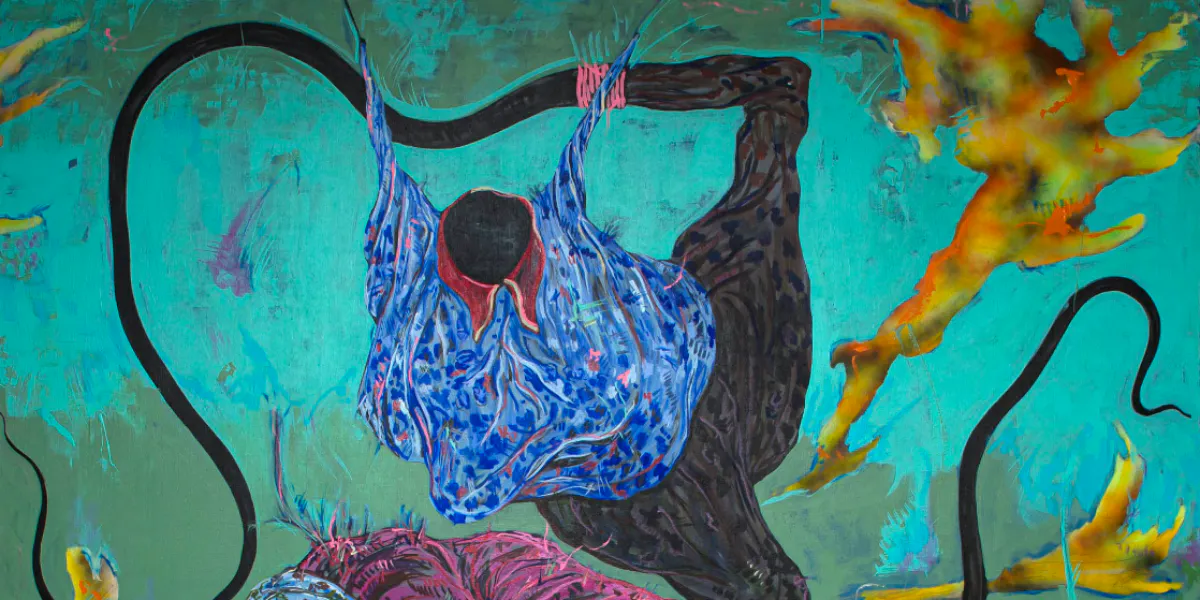 Simphiwe Ndzube, South African 1990-, Night Birds in Tango, acrylic and mixed media on canvas, 216 by 201 by 4,5cm, unframed. Photo © Strauss & Co