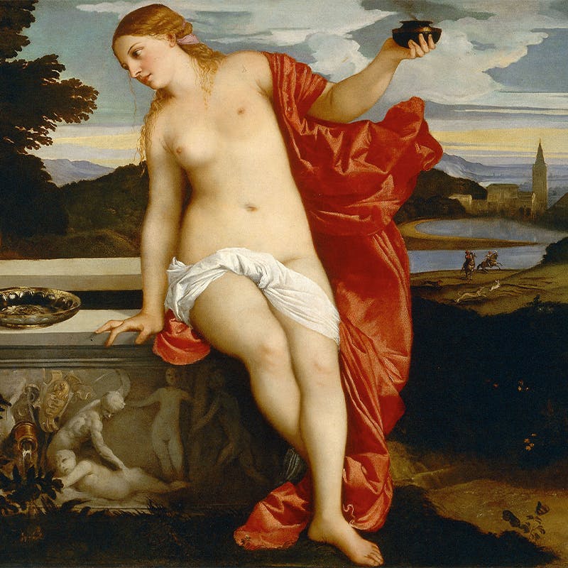 Tiziano Vecellio, Amor sacro e Amor profano (dettaglio), 1514, olio su tela. Immagine di dominio pubblico.