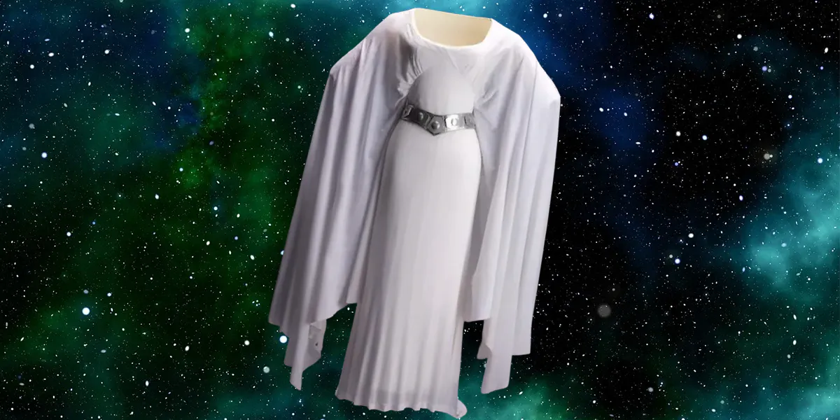 Prinzessin Leias Kleid aus "Star Wars: Episode IV – Eine neue Hoffnung". Foto © Prop Store, Hintergrund gemeinfrei (Collage)