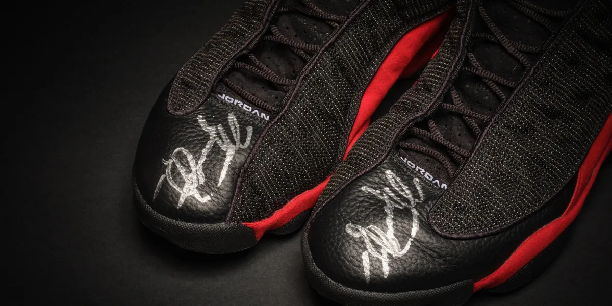 Michael Jordan Game 2 1998 NBA Finals ‘The Last Dance’ Game Worn and Signed Air Jordan XIIIs. Image © Sotheby's (detail)