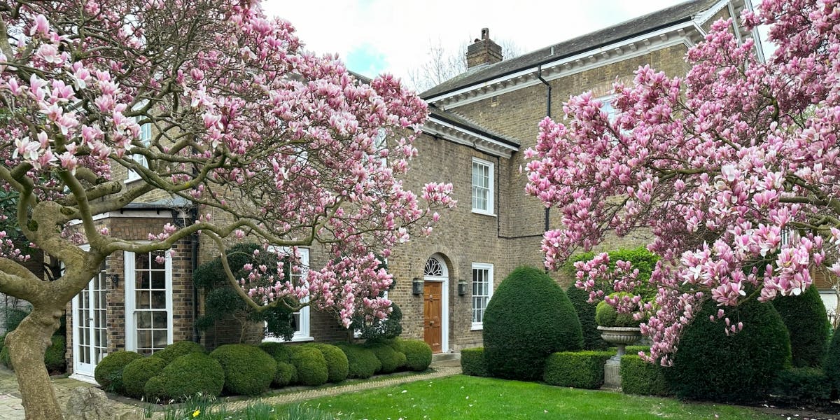 Freddie Mercury’s Kensington home, Garden Lodge, surrounded by blooming magnolia trees and lush manicured gardens.