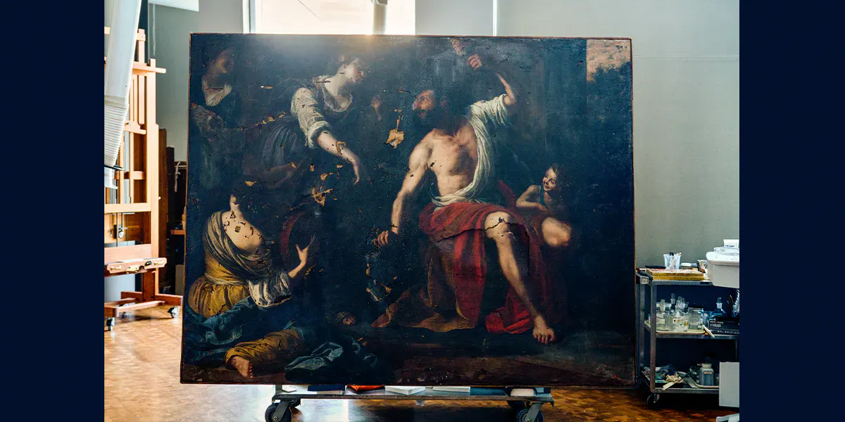 Artemisia's "Hercules and Omphale" at the Getty Painting Conservation Studio. Photo Cassia Davis © 2022 J Paul Getty Trust