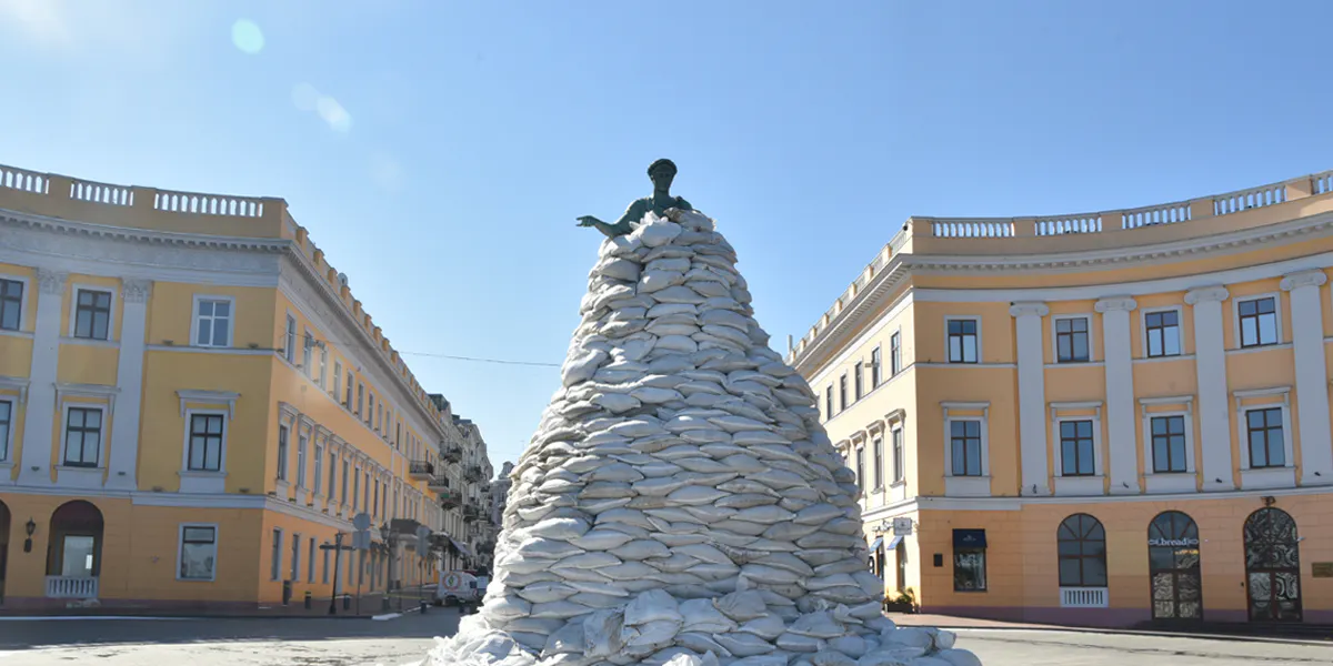 A monument of the city founder Duke de Richelieu is seen covered with sand bags for protection, amid Russian attacks on Ukraine, in central Odessa, Ukraine on March 12, 2022. (Photo by Maksym Voitenko/Anadolu Agency via Getty Images) (detail)