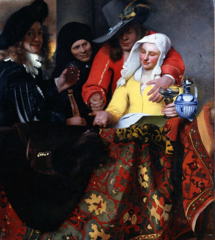 In his painting "Bei der Kupplerin" from 1656 (Gemäldegalerie Alte Meister, Dresden) Vermeer may have depicted himself (gentleman in black looking at the viewer). Public domain image