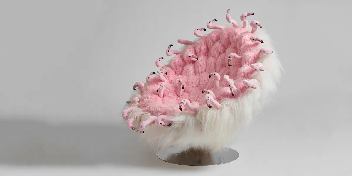 Alexis Verstraeten & Pauline Montironi (Belgium), armchair, 'Miss Flamingo', AP Collection, ed. AP1, Belgium 2017. Chrome-plated vintage central foot by Pierre Paulin, 1960s, upholstery in white Icelandic sheepskin and pink stuffed flamingos of plush, labelled and signed underneath: AP Collection Artist Proof. Height about 95 cm, seat height about 38 cm. Photo © Bukowskis