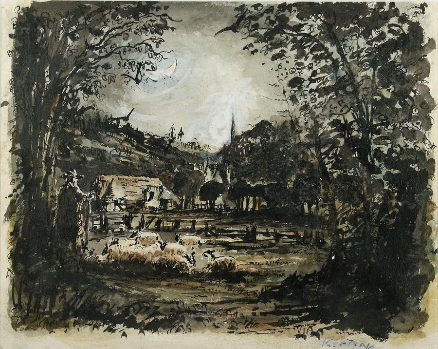 Tom Keating (1918-1984), « Sepham Barn - 1831 » d'après Samuel Palmer, plume et encre, aquarelle, gouache, 26 cm x 33 cm, image © Bonhams