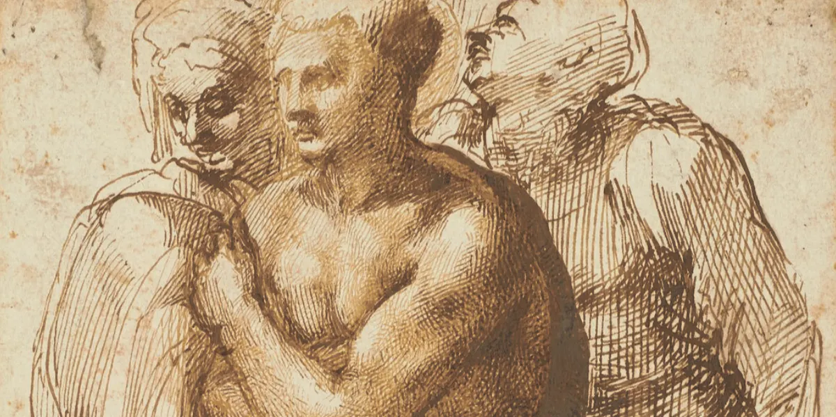 Michelangelo Buonarroti (1475-1564), Giovane nudo (da Masaccio), circondato da due figure, disegno a penna in due tonalità di marrone, cm 33 x 20 circa. Foto © Christie's (dettaglio) 