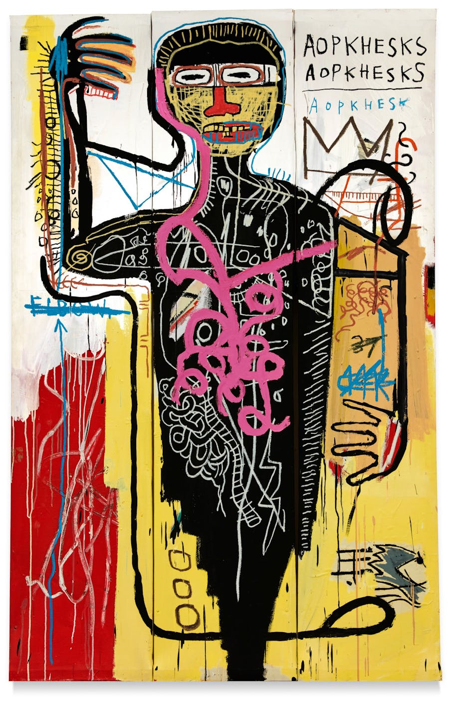 Jean-Michel Basquiat, Versus Medici, signed, titled and dated OCT. 1982 on the reverse, acrylic, oilstick and paper collage on three joined canvases. Image © Sotheby's