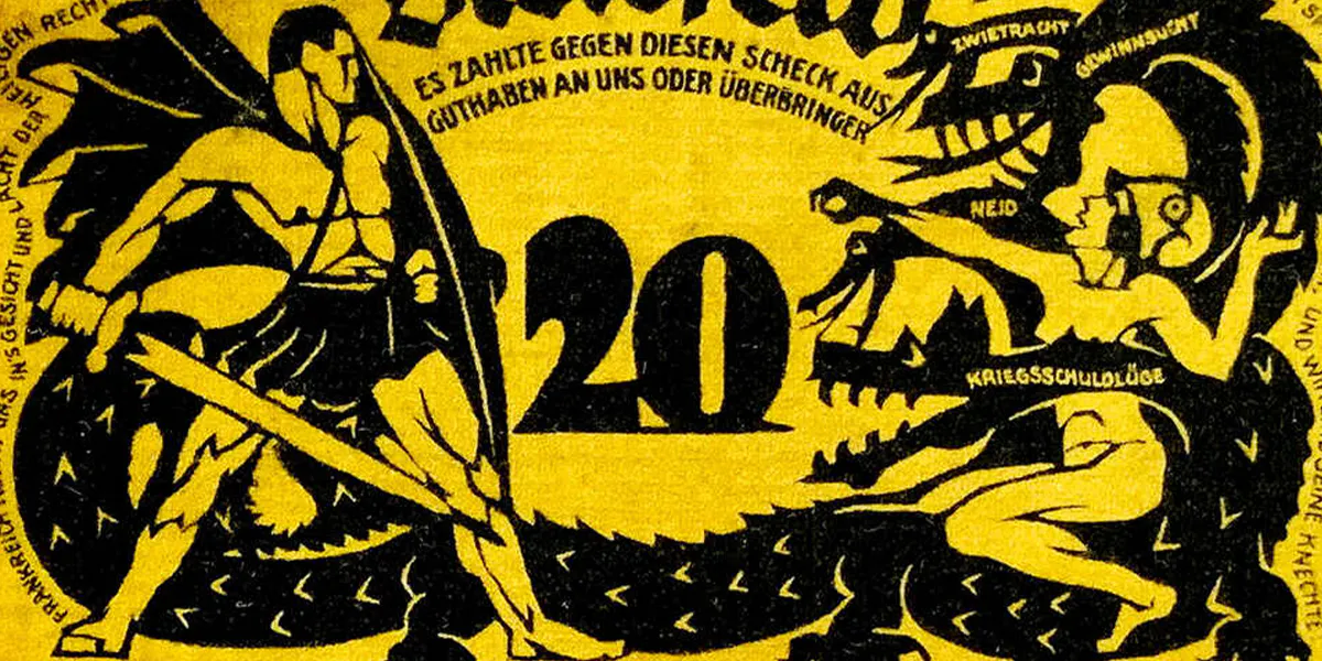 Bielefelder Stoffgeld, 20 Goldmark Samt, gelb, 15.12.1923. Foto © Teutoburger Münzauktion (Detail)