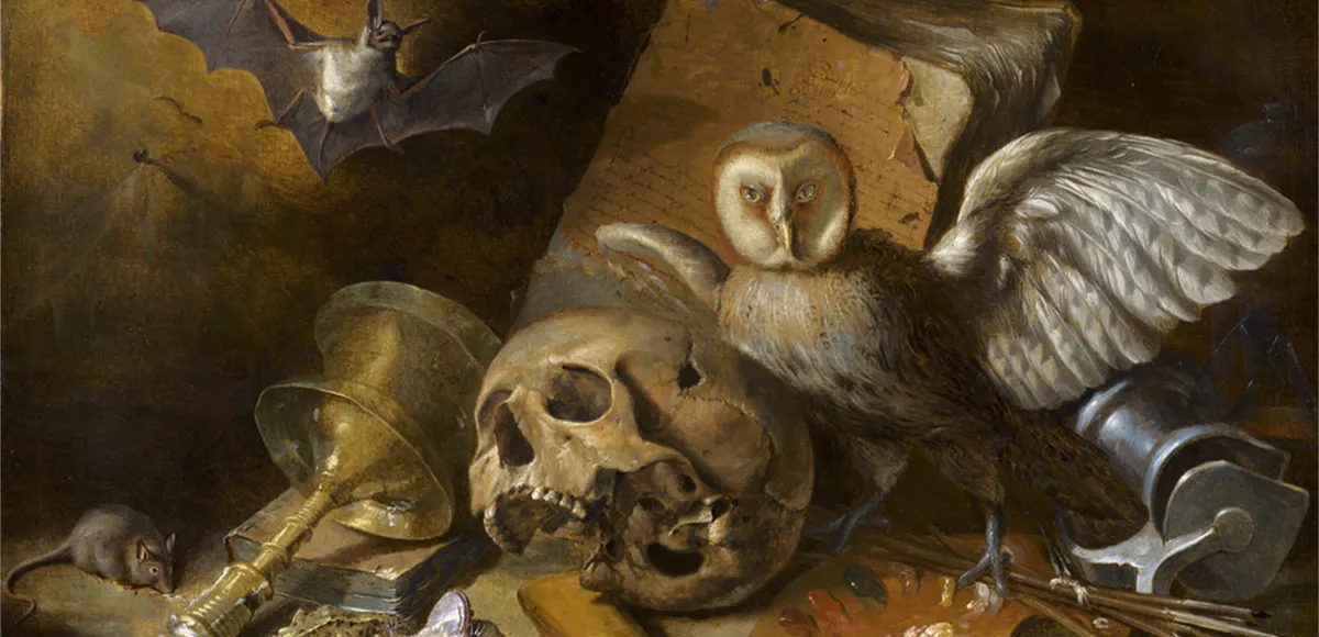 Niederländischer Meister 2. Viertel 17. Jh., Vanitas-Stillleben mit Totenschädel, Schleiereule und Fledermaus, Öl/Lwd. | Foto: © Bassenge (Detail)