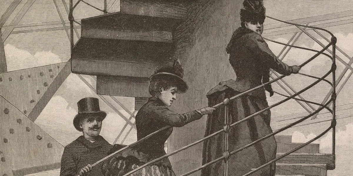 Unknown artist, Ascension of the Eiffel Tower by the Stairs, 1889, engraving, Brown University Library. Image: public domain