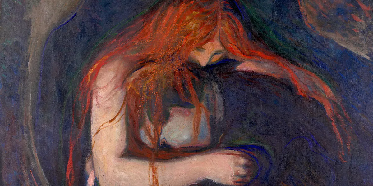 Edvard Munch (1863–1944), La donna vampiro, 1895, olio su tela, 91 x 109 cm, Munch Museum. Immagine di dominio pubblico (dettaglio)