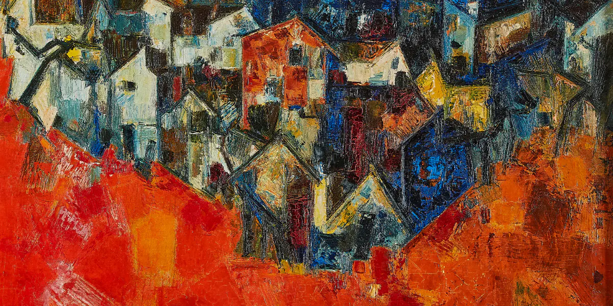 Sayed Haider Raza (1922-2016), Village, Huile sur toile, 60 x 90 cm. Estimation : 150 000 - 250 000 €. Image © Neo Enchères (détails)
