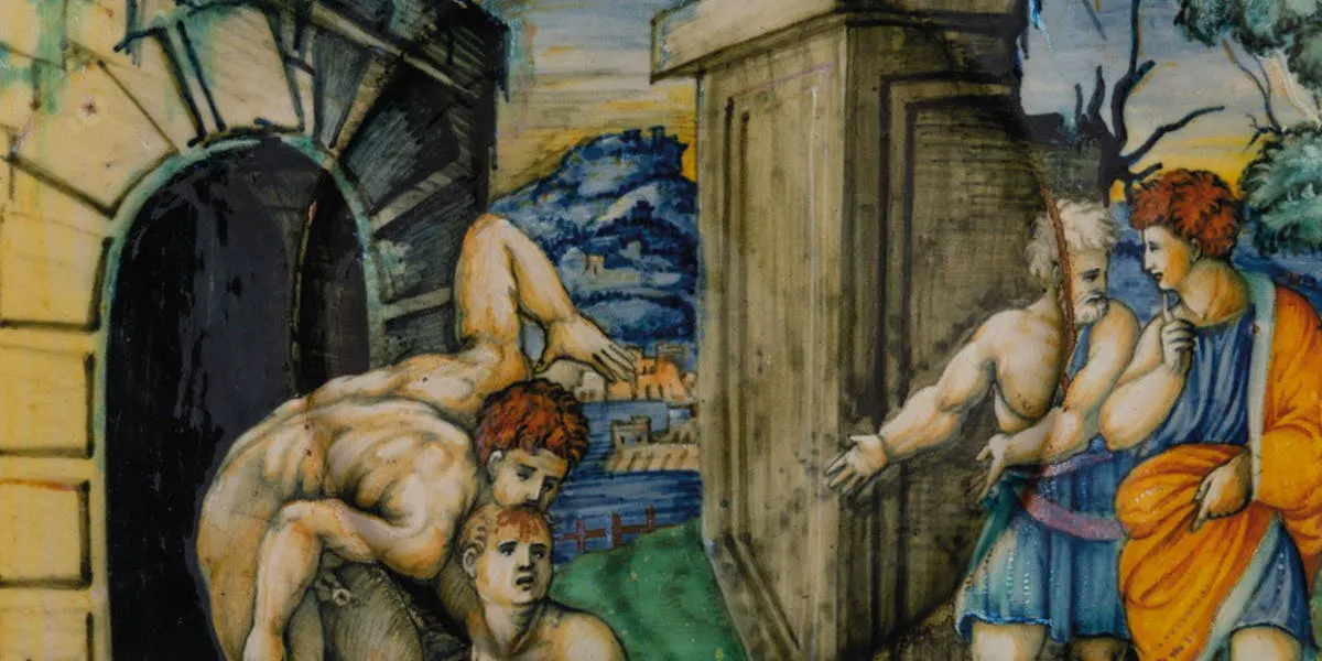 Maler des Apollo-Beckens (attr.), Teller mit "Dante und Vergil Graf Ugolino und Erzbischof Ruggieri betrachtend", 1531 | Foto: © Wannenes (Detail)