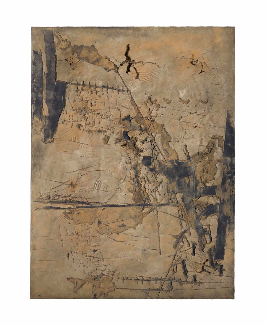Antoni Tàpies, Gran ocra amb incisions (Large Ochre with Incisions). Signed and dated 'tàpies - 1961' (on the reverse), mixed media on canvas. Image © Christie's