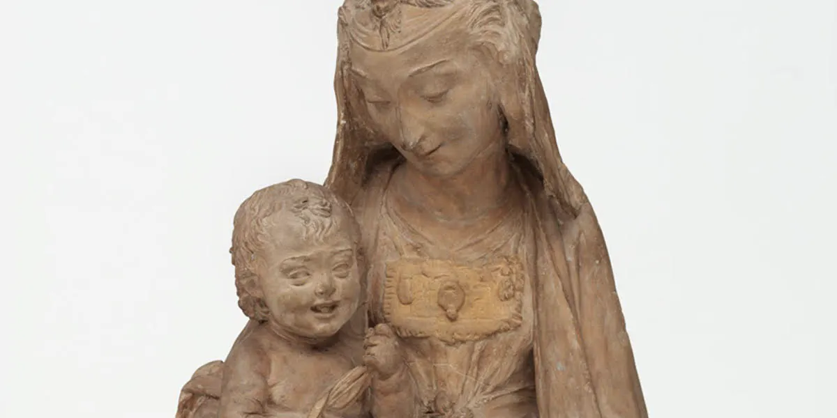 Attributed to Leonardo da Vinci, ‘The Virgin with the Laughing Child’, after 1460, Terracotta [detail]. Photo © Victoria and Albert Museum, London