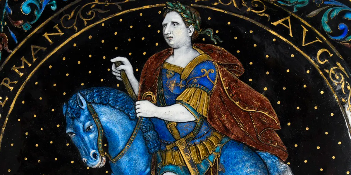 Jean Limosin (attribué à), assiette en émail peint polychrome représentant l'Empereur Vitellius équestre (détail), vers 1620, image © Coutau-Bégarie