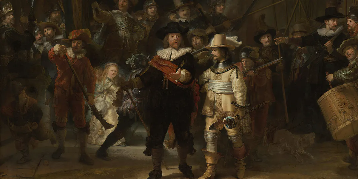 Rembrandt van Rijn (1606 Leida - 1669 Amsterdam), La ronda di notte, 1642, olio su tela, 363 x 437 cm, Rijksmuseum, Amsterdam. Immagine di pubblico dominio (dettaglio)