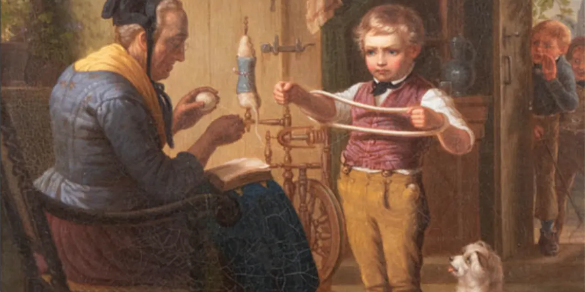 Benjamin Vautier (Düsseldorf 19. Jh.) Umkreis, "Kleiner Junge muß für seine Oma die Wolle halten, während seine Spielkameraden in der Tür auf ihn warten", Öl/Lwd., 43 x 35 cm. Foto © Auktionshaus Satow (Detail)
