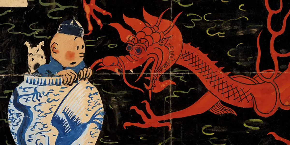 Hergé, illustration for the cover of the original edition of ‘Le Lotus Bleu’ from 1936 [detail], India ink, watercolour and gouache on paper. Image © Artcurial / Hergé / Moulinsart 2020