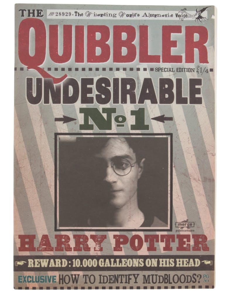 Harry Potter and The Deathly Hallows: Part 1 (2010) An original issue of The Quibbler magazine produced for Harry Potter, featuring a picture of Potter on the cover as 'Undesirable No. 1,' along with other in-universe headlines, 24 x 34 cm. Photo © Ewbank's