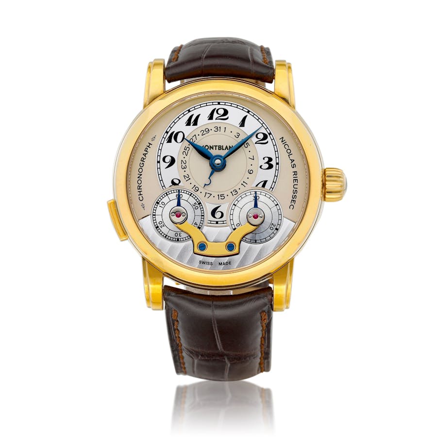 Montblanc, cronografo monopulsante Nicolas Rieussec, ref. 102335, in oro giallo in edizione limitata con indicazione della riserva di carica e data, circa 2009. Foto © Sotheby's
