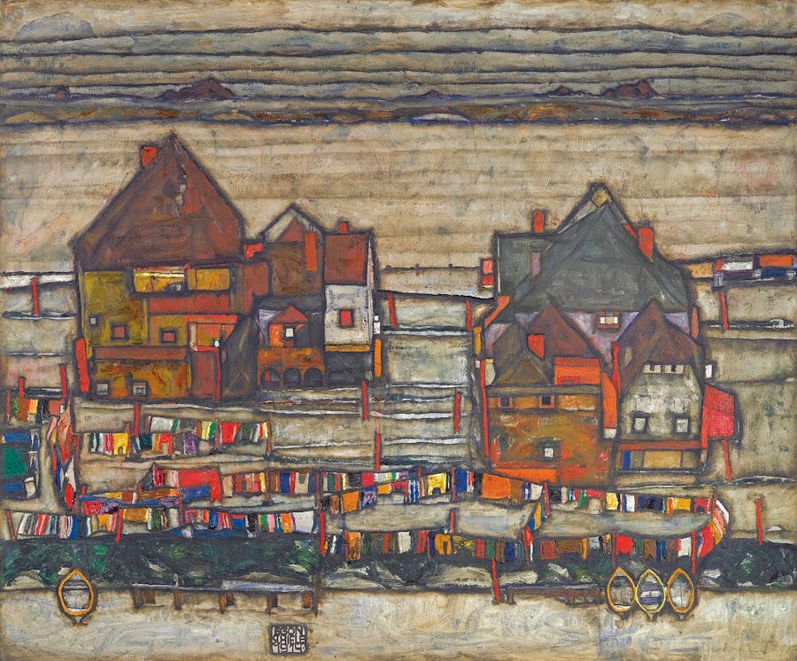 Egon Schiele (1890-1918), Häuser mit bunter Wäsche, 1914, oil on canvas, 99 x 119 cm. Public domain image