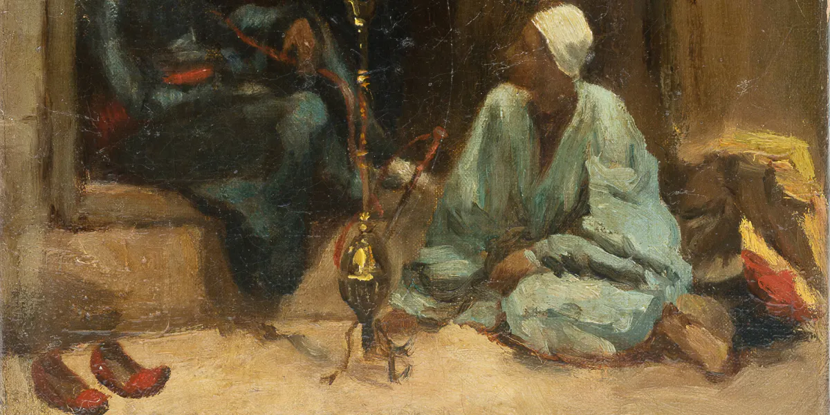 Victorine Meurent, Scène orientale au fumeur de narguilé, Huile sur toile, 25 x 16,5 cm, Signée et datée '[18]76' en bas à gauche. Image © Aguttes (recadrée)