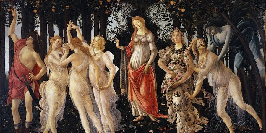 Sandro Botticelli, 'Le Printemps', 1478-82, tempera on wood panel, 203 x 314 cm, Uffizi Gallery, Florence. Photo public domain