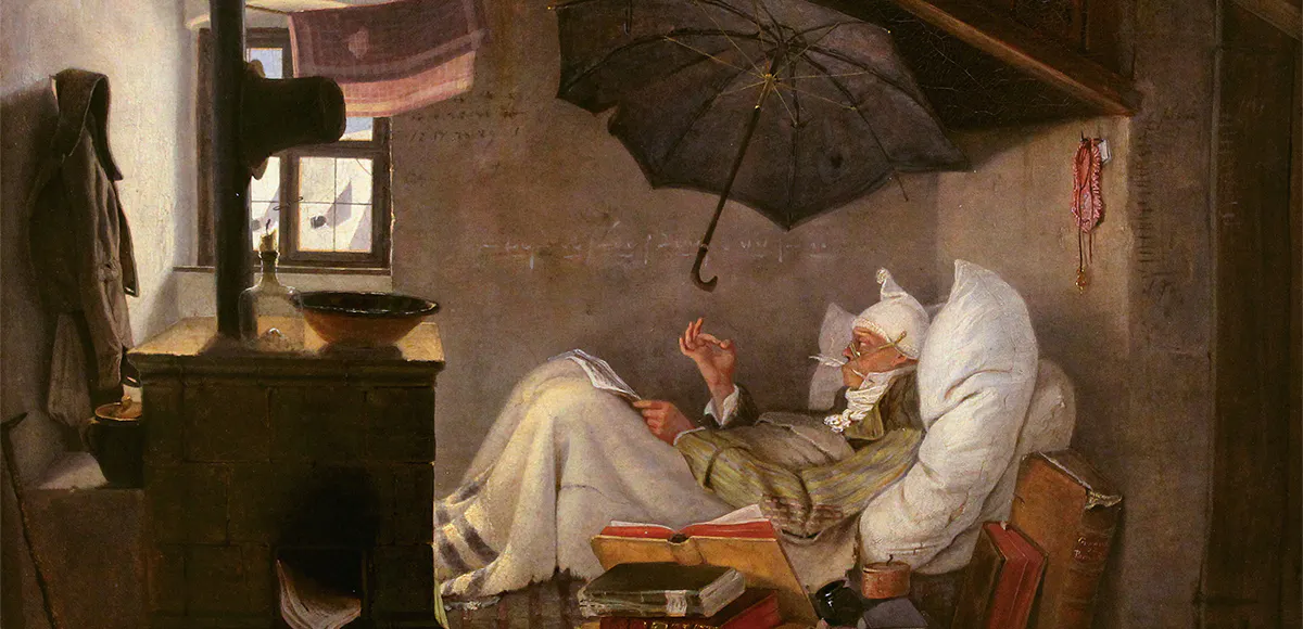 Carl Spitzweg, Der arme Poet, 1839, Öl/Lwd., 36 x 45 cm, Neue Pinakothek, München. Foto gemeinfrei (Detail)