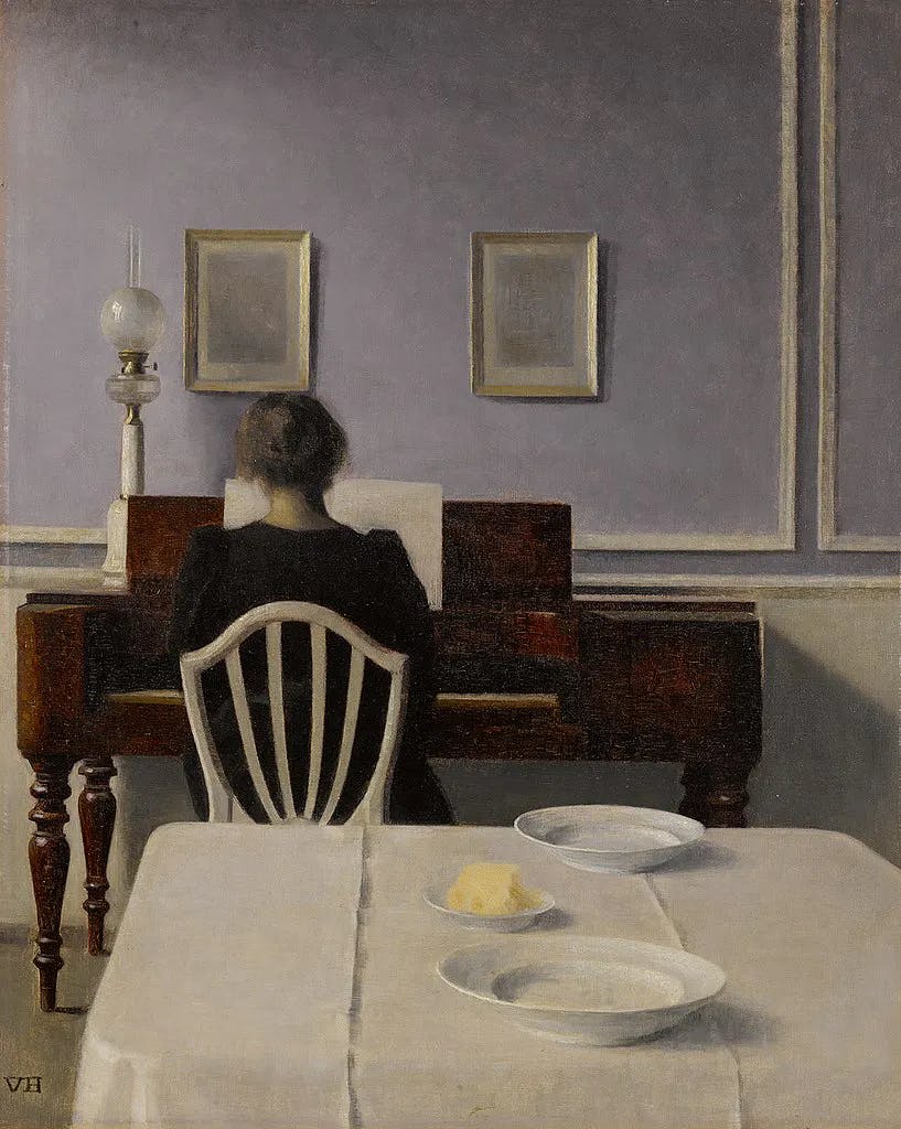 Vilhelm Hammershøi (1864–1916), Interior with Woman at Piano, Strandgade 30, 1901, oil on canvas, 55.9 x 44.8 cm. Private collection. Public domain image
