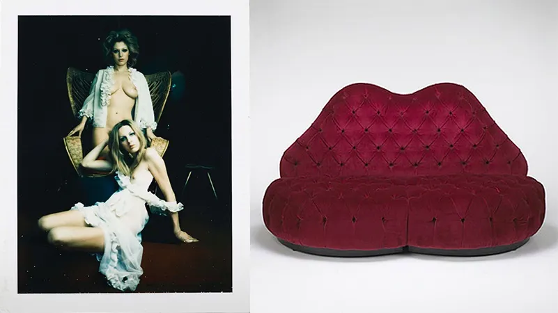 Gauche : Carlo Mollino, Sans titre, 1962-73, image Phillips / Droite : Carlo Mollino, canapé Devalle, Italie 1939/1994, image Wright