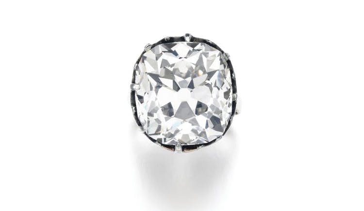 Claw-set with a cushion-shaped diamond weighing 26.29 carats, size Q1/2. Photo: Sotheby’s