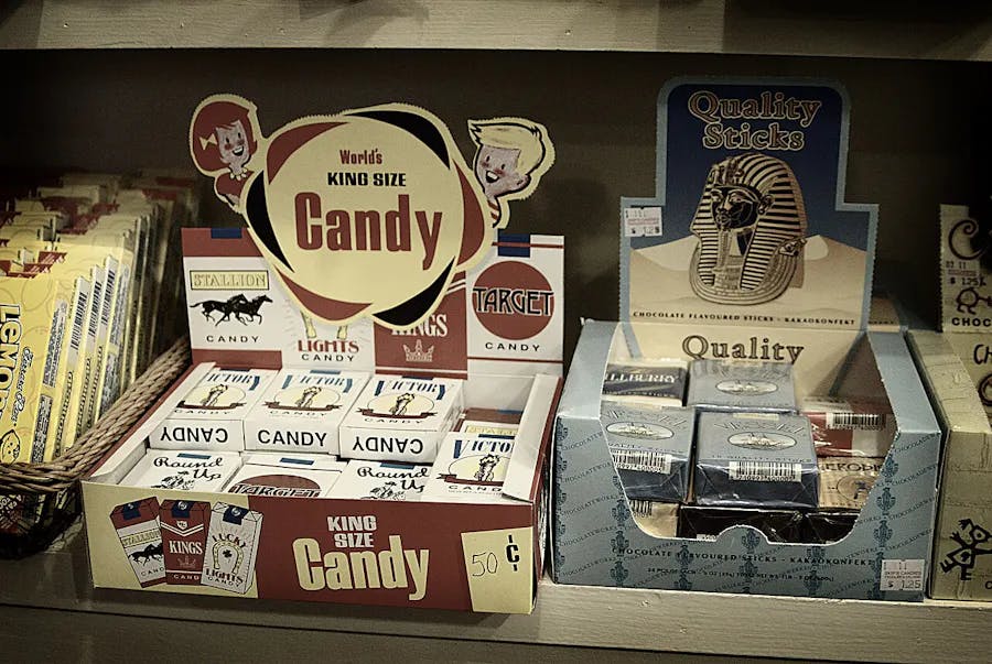 Cigarette shaped sweets marketed towards children are displayed at the 'I Grew Up 80s' exhibition at Dorset Museum, December 1, 2022 in Dorchester, Dorset. (Photo by Finnbarr Webster/Getty Images)
