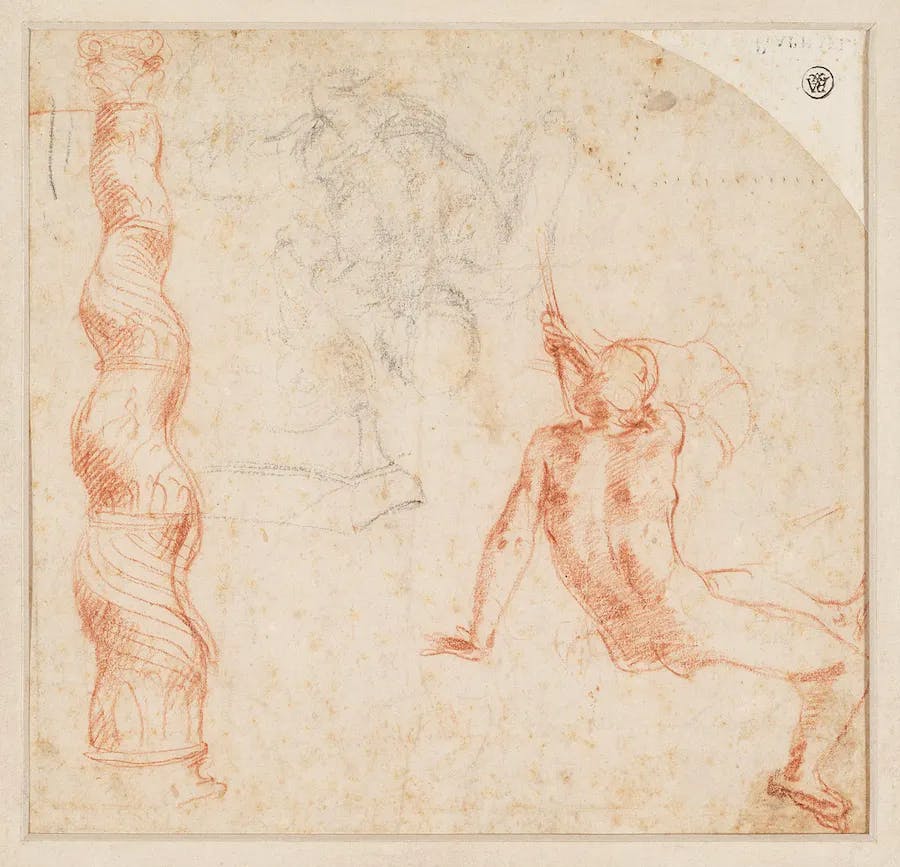 Disegni di Polidoro da Caravaggio (1499 ca. Caravaggio - 1543 ca. Messina): studi sulla donazione di Costantino (?): Colonna salomonica e figure maschili sedute, gesso rosso e nero su carta, 22 x 24 cm. Foto © Dorotheum