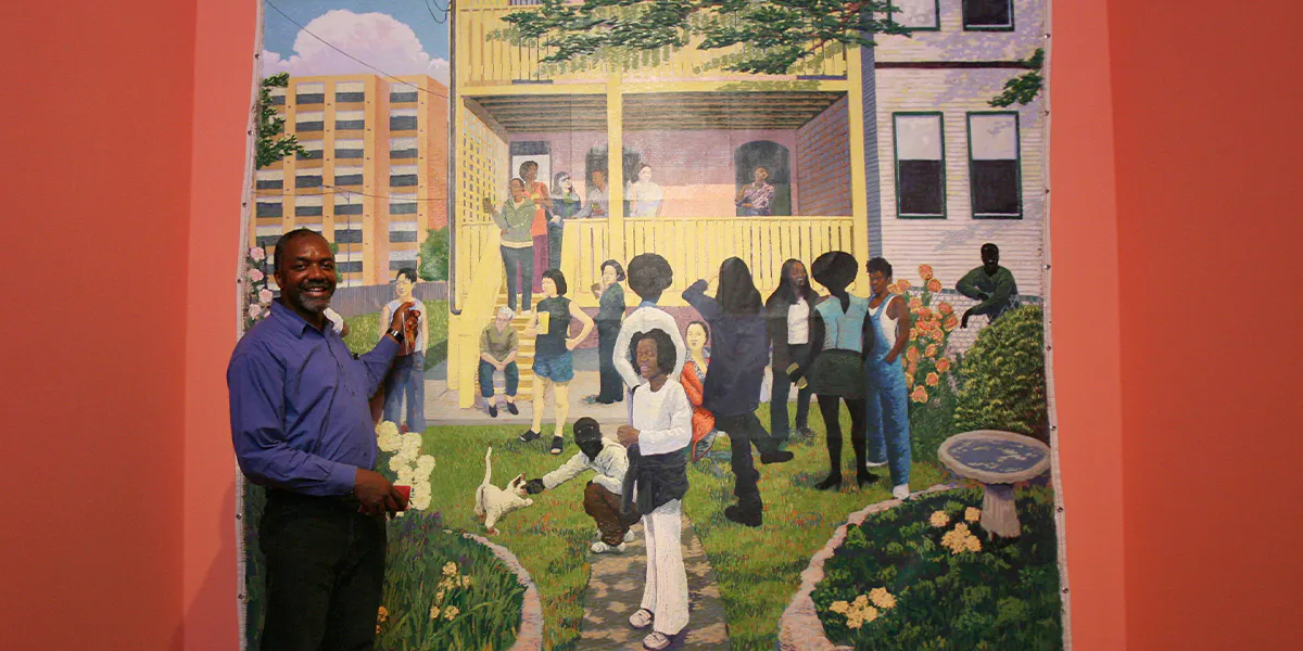 Kassel, GERMANY: US artist Kerry James Marshall explains his work "Garden Party" (2003 - 2007) exhibited at the documenta 12 art fair, 15 June 2007 in Kassel, central Germany. The 12th documenta, one of the world's most important exhibitions of contemporary art, runs from 16 June to 23 September 2007. Photo BARBARA SAX/AFP via Getty Images (detail)