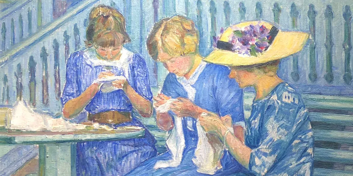 Karl Nordström (1855-1923), ‘Tre flickor på verandan’, olja på duk, 65 x 77 cm, 1913. Foto: Fahlnaes Konsthandel