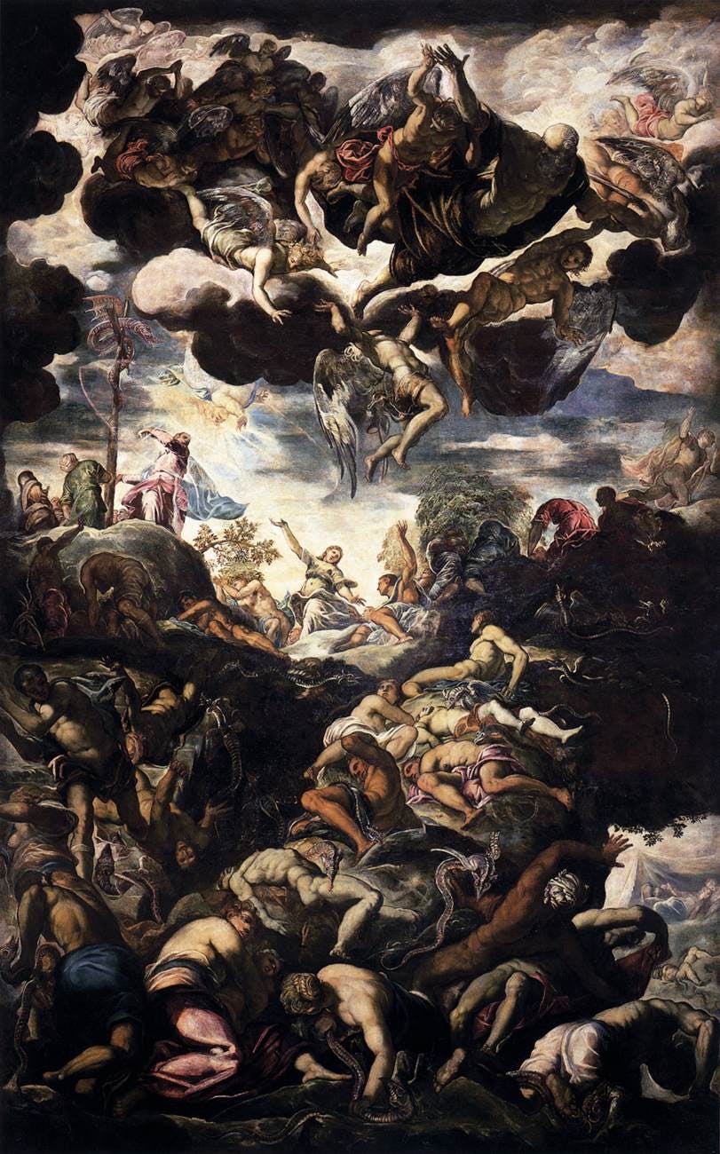 Miracle of the Bronze Serpent at the Scuola di San Rocco from the Tintoretto cycle. 1575-76, oil on canvas. Public domain image
