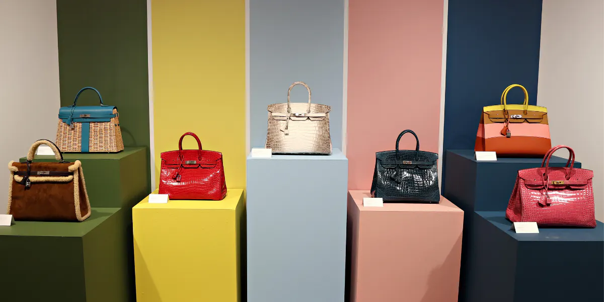 Borse Birkin di Hermès esposte durante l'anteprima stampa della Settimana del Lusso di Christie's il 4 giugno 2021. Foto di Cindy Ord/Getty Images (dettaglio)