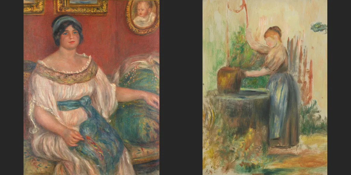 Links: Pierre-Auguste Renoir (1841-1919), Portrait de Madame Colonna Romano, um 1910, Öl/Lwd., 94 x 74 cm, Musée Renoir, Cagnes-sur-Mer. Foto gemeinfrei. Rechts: Pierre-Auguste Renoir (1841-1919), La Jeune Femme au puits, 1886, Öl/Holz (unvollendet), 35 x 27 cm, Musée Renoir, Cagnes-sur-Mer. Foto gemeinfrei